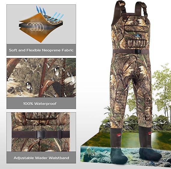 Front view of Trudave IronWade Series waterproof hunting and fishing chest waders with boots – reed camo design featuring insulated waterproof fabric and adjustable waist belt for comfort and fit